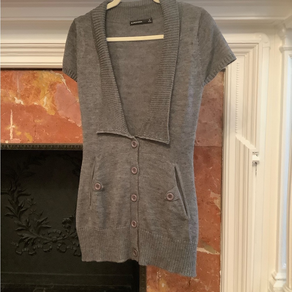 Gray Knit Cardigan Sweater with V-Neck